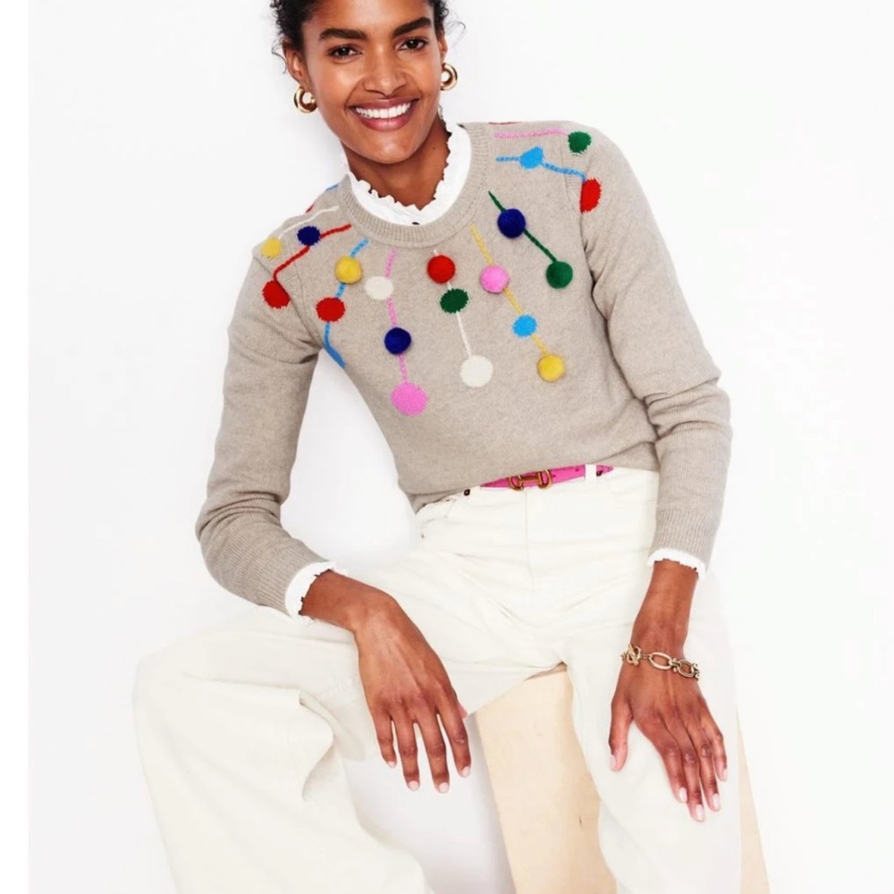 Boden Women's Beige Sweater with Multicolor Pom Poms